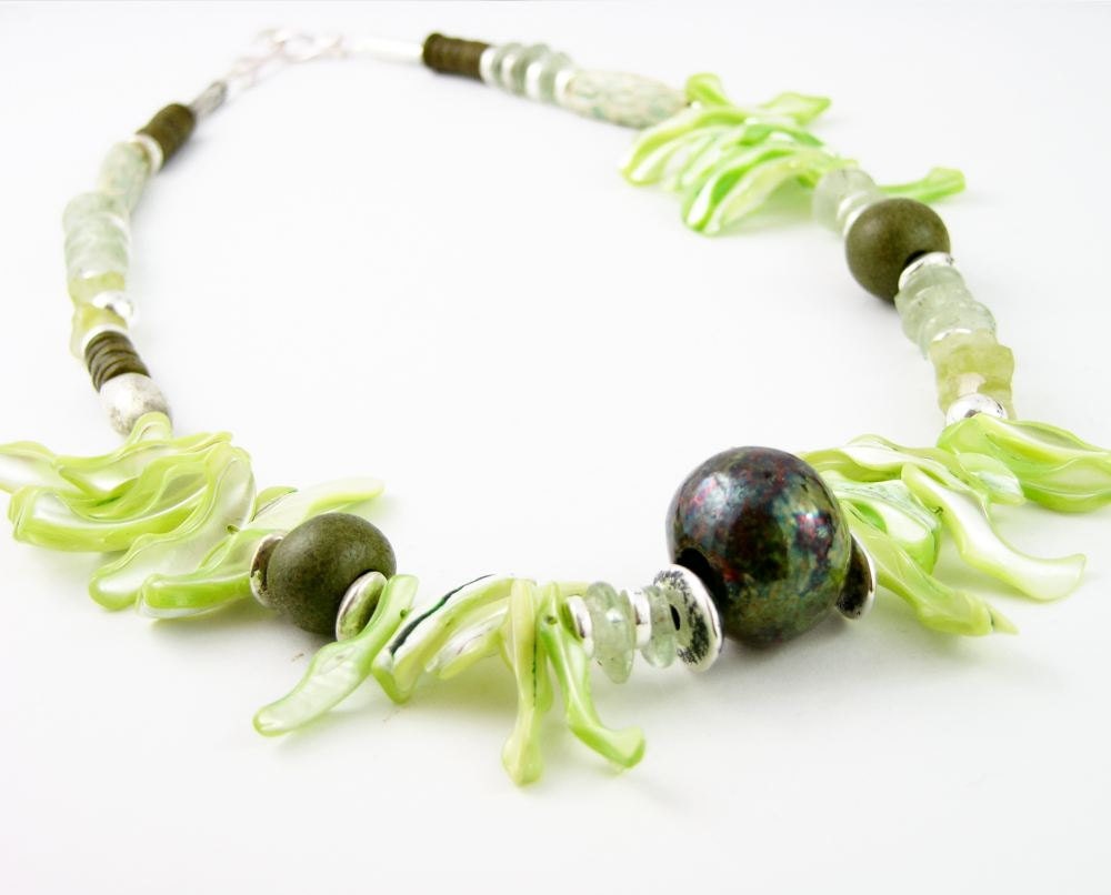Necklace mother of pearl olive green mint green pastel recycled glass silver ceramic raku sea beach tribal statement ooak unique