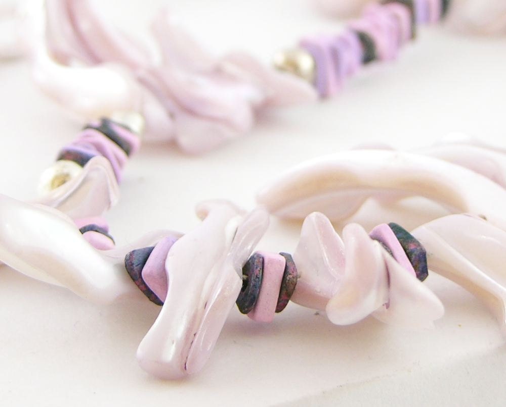 Necklace mother of pearl lavender purple silver ceramic sea beach tribal statement ooak unique