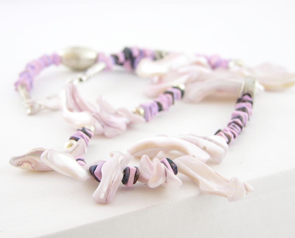 Necklace mother of pearl lavender purple silver ceramic sea beach tribal statement ooak unique