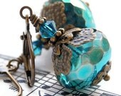 Blue Glass Earrings, Vintage Style Marine Blue Faceted Czech Glass Earrings, Antique Brass Leverback  with Glass Rondelles