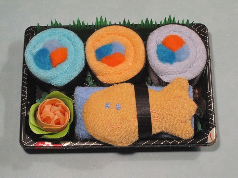Baby Boy Shower Gift - Baby Wash Cloth Sushi - Orange Fish Terry Bath Toy