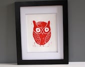 OWL Wall Decor Art Linocut PRINT Red Owl 8x10
