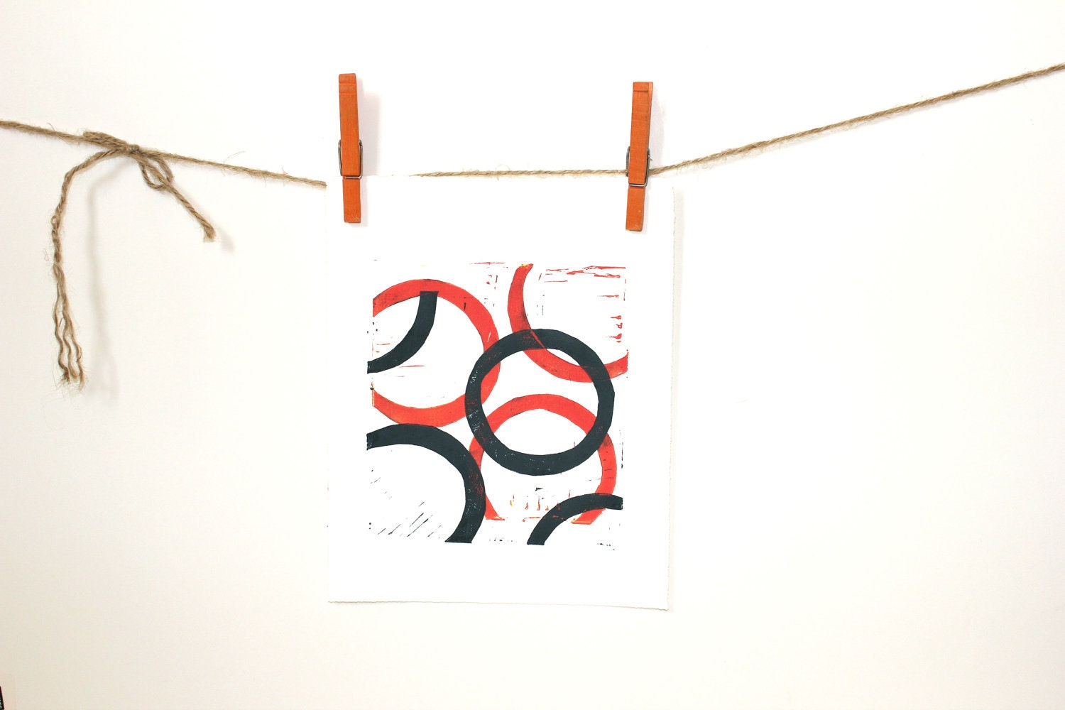 Coral and Gray Mid Century Modern Art linocut print 8x10