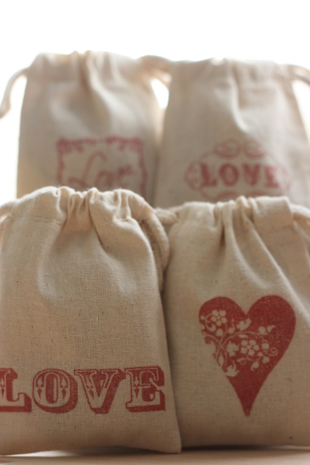 cotton muslin favor gift bag, LoVe Variety in ReD x20, muslin wedding favor bags, favor bags for baby shower, soaps, candies
