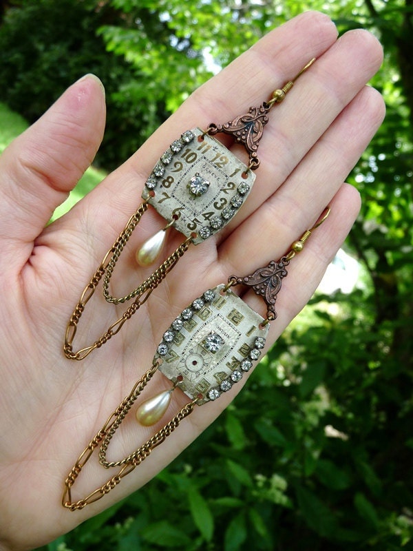 Vintage Assemblage Watch Earrings, Altering Time, beautiful antique watch faces with vintage rhinestone paste by Aliveness