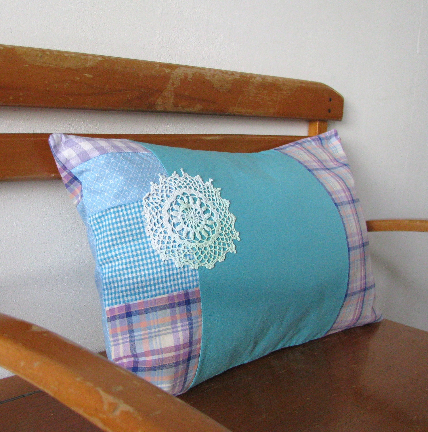 teal and lilac shades - lumbar pillow - cushion cover - patchwork pillow - 12x20 - ostat