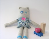 animal doll - teal cat - stuffed animal - nursery decor teal and pink - art deco print - liberty fabric