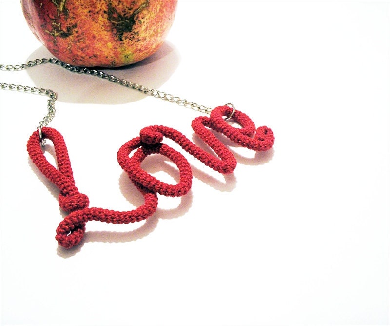 Scarlet Love Necklace Wrapped Crochet Tube Pendant - vanessahandmade