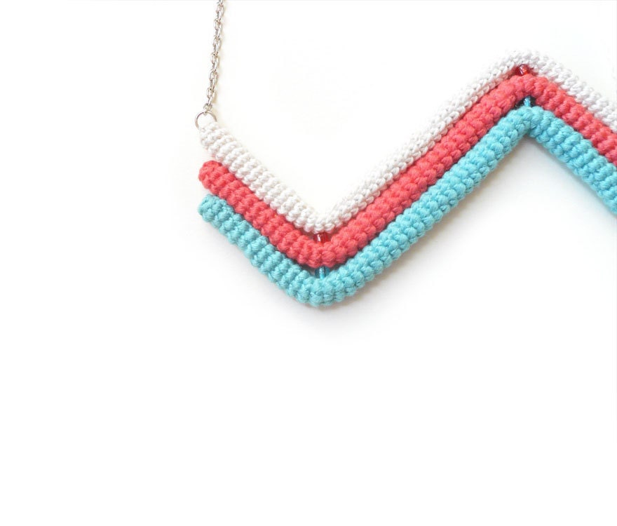 Geometric Chevron Necklace - Off White, Coral, Aquamarine