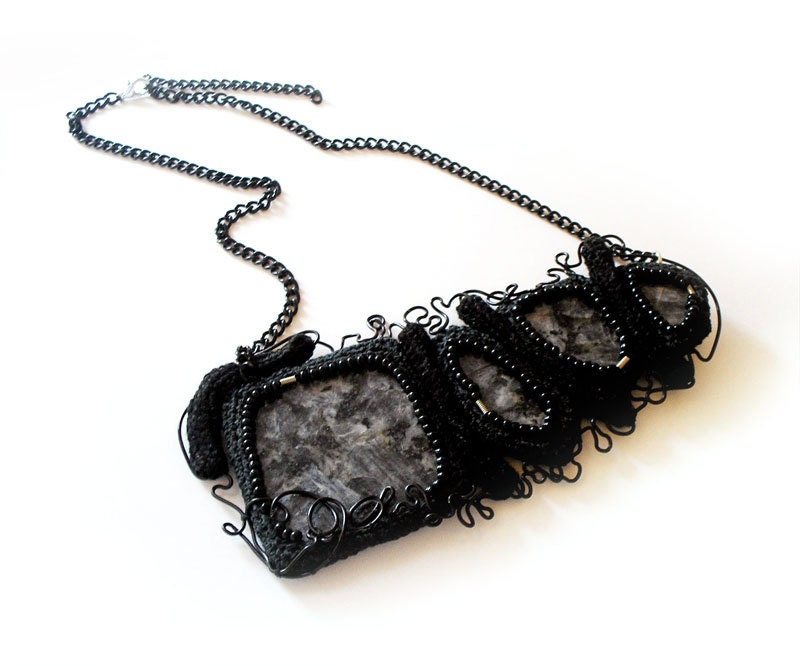 Crochet Stone Necklace, Wire Lace Chaos, Black-Grey Granite