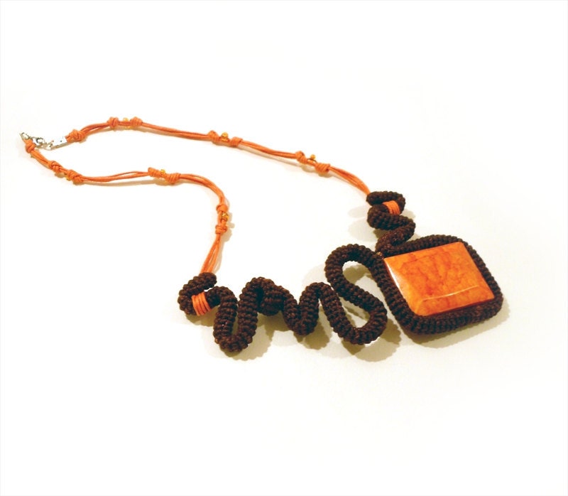 Crochet Statement Necklace Free Form Brown Orange