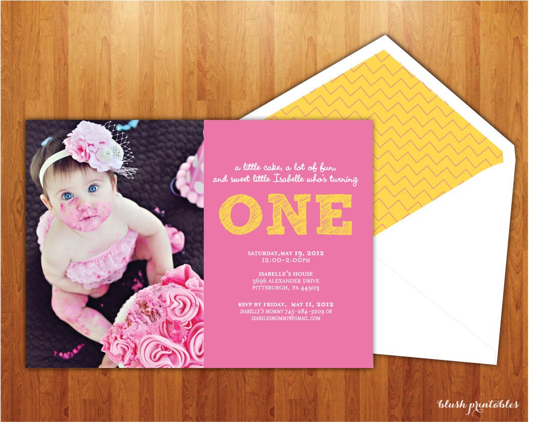 First Birthday Photo Invitation - Printable JPEG - 5x7 Birthday Invitation - Babys First Birthday - Pink Yellow Picture Announcement Il_570xn