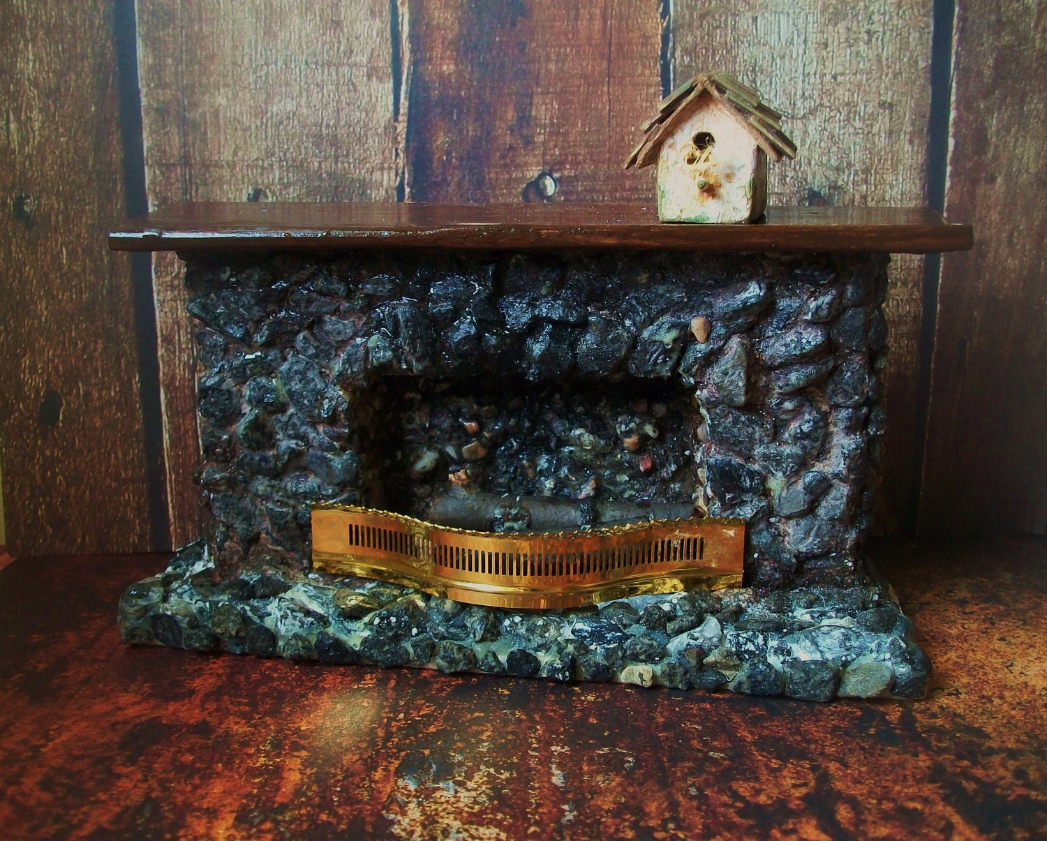 Rustic Stone Fireplace Real Stone MADE TO ORDER, Grouted Miniature 1:12 Dollhouse scale 7 3/4ths inches wide x 4 inches tall