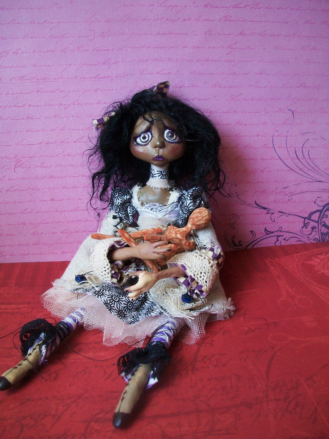 Creole Girl OOAK Art Doll, Gertrude with hand carved doll, Vitiglio, Sad 1813, New Orleans African American Girl