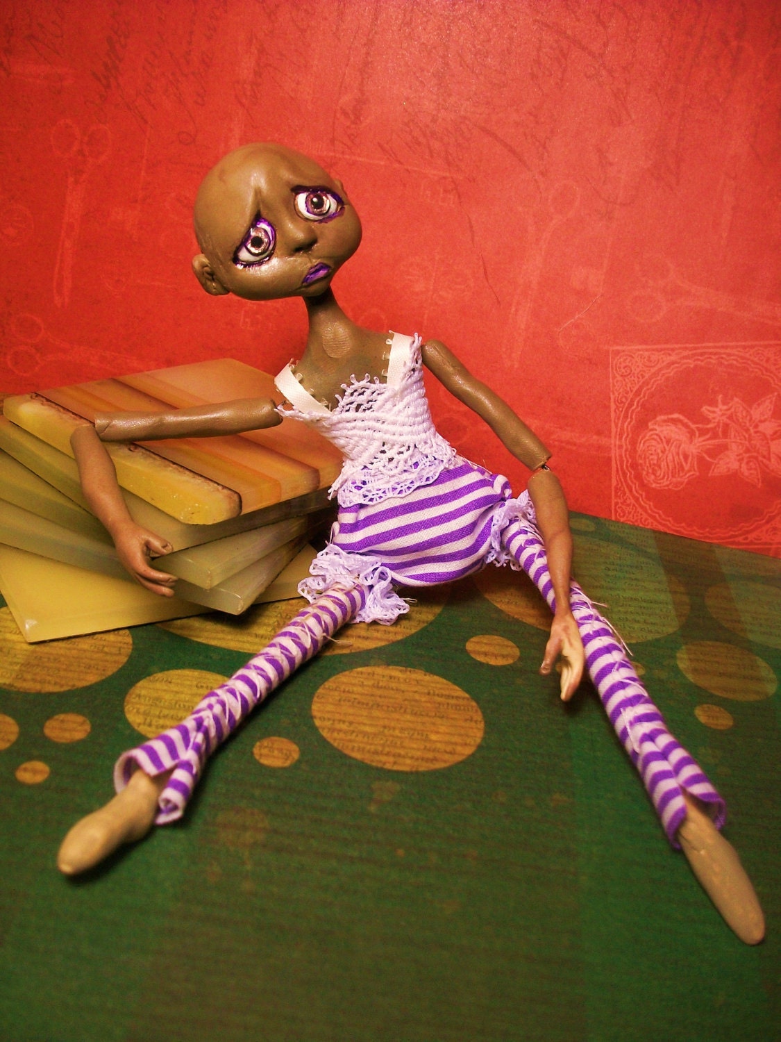 Creole Girl OOAK Art Doll, Gertrude with hand carved doll, Vitiglio, Sad 1813, New Orleans African American Girl