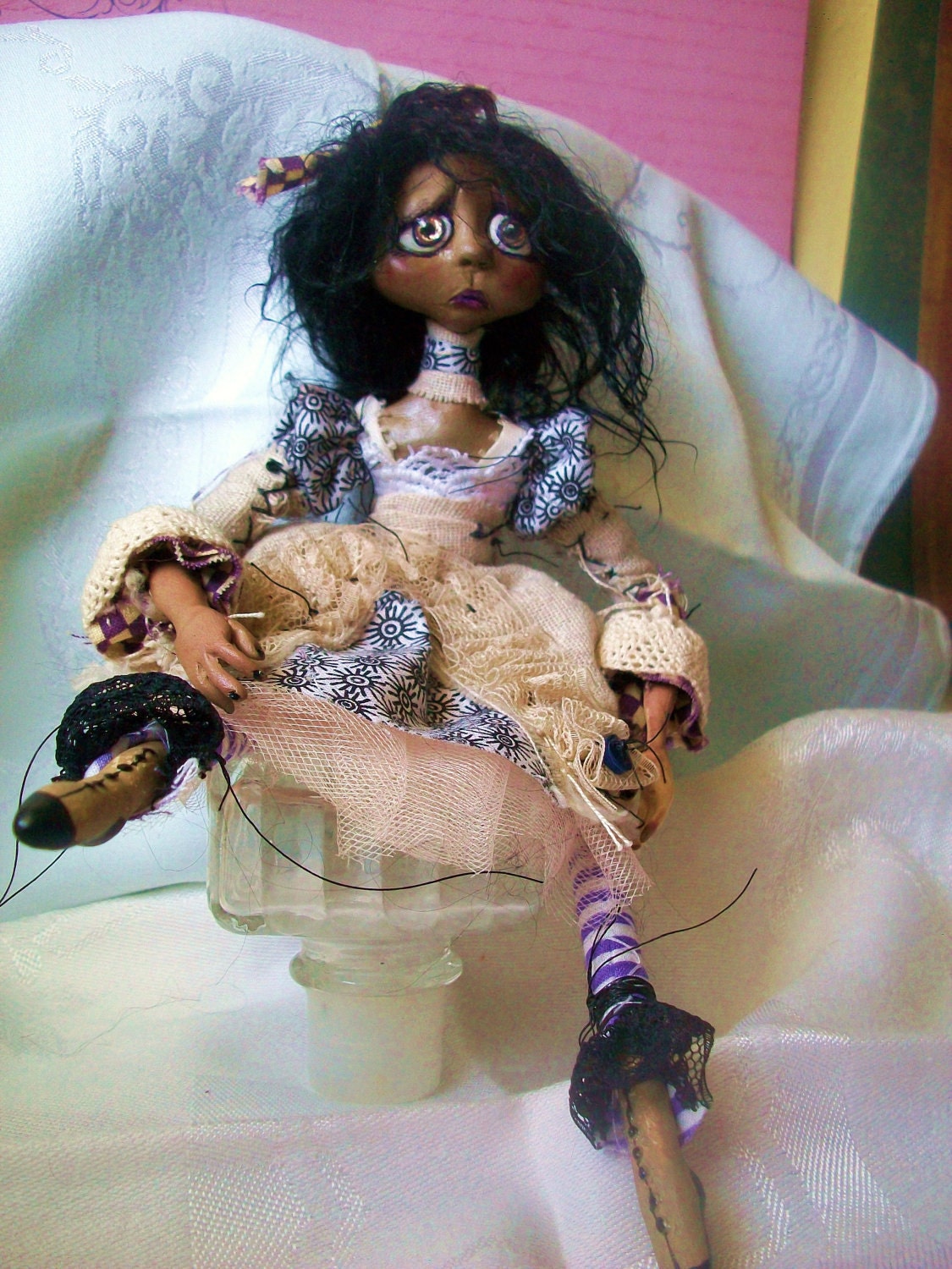 Creole Girl OOAK Art Doll, Gertrude with hand carved doll, Vitiglio, Sad 1813, New Orleans African American Girl