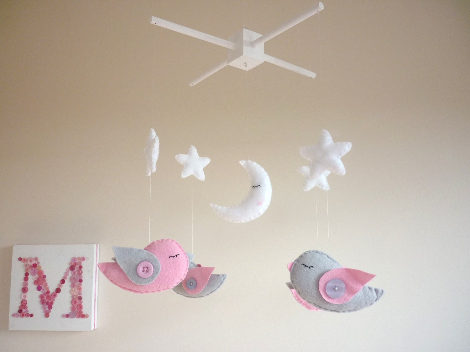 Dreamtime Birds - Pink and Grey Felt Baby Mobile - Crib Mobile - Cot Mobile