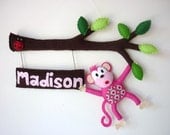 Cheeky Little Monkey with ladybug - Personalized Bedroom Door Sign or Wall Art