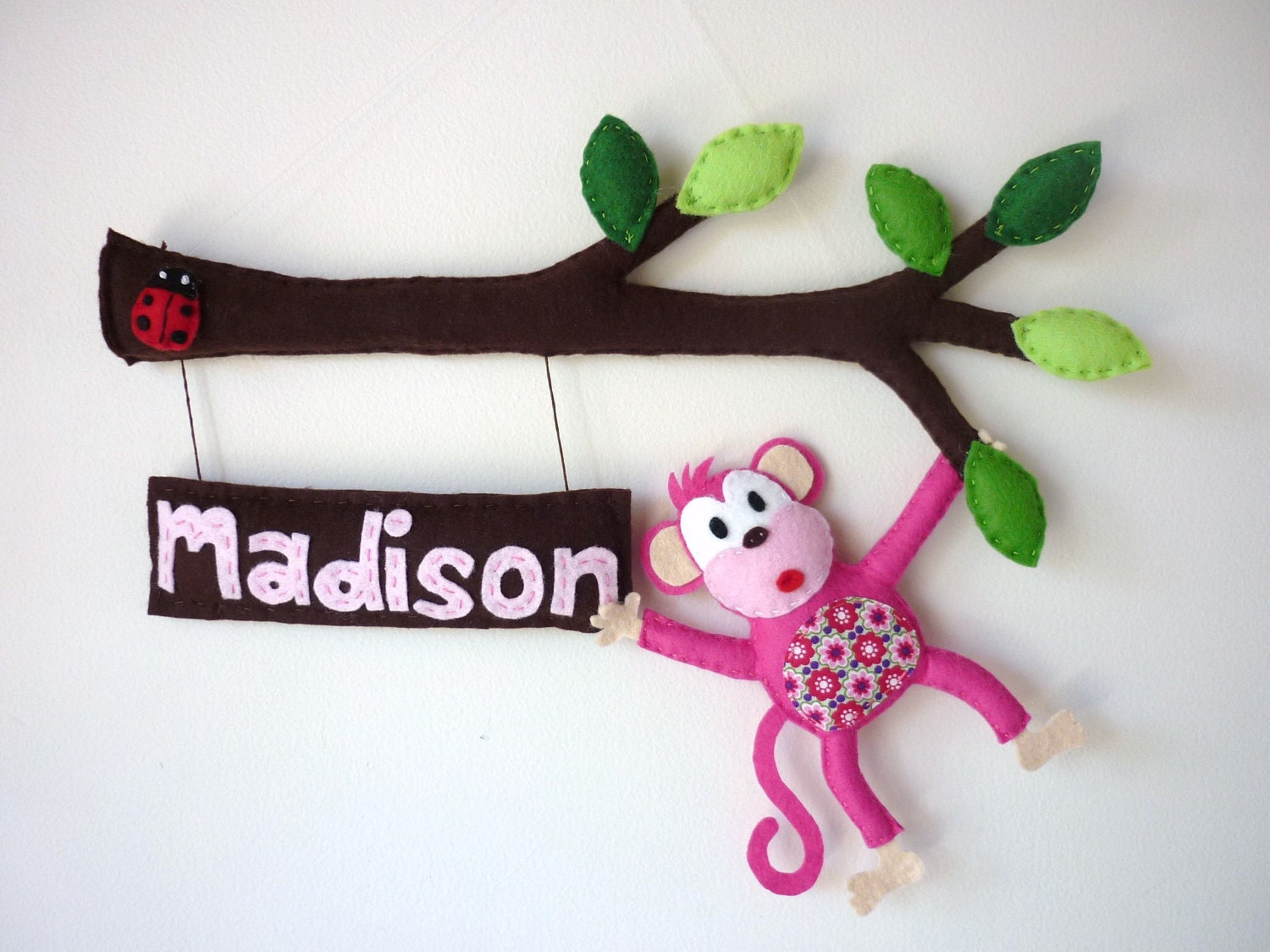 Cheeky Little Monkey with ladybug - Personalized Bedroom Door Sign or Wall Art