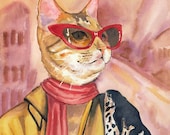 Cat Watercolor PRINT - Cat Illustration, Fashion, Cat Eye Glasses, Open Edition, 8x10
