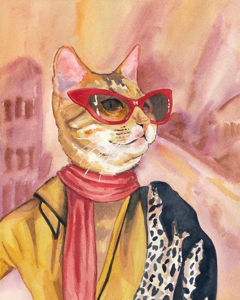 Cat Watercolor Illustration - Original Art, Cat Eye Glasses, Fashion Cat, 11x14