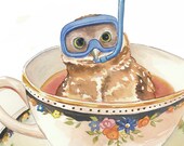 Owl Watercolor PRINT Art, Teacup, Dive Mask, Nursery Art, Open Edition, Scuba Diving, 8x10
