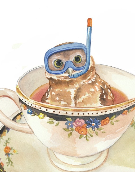 Owl Watercolor Painting - Original Art, Teacup, Dive Mask, Owl Illustration, 11x14