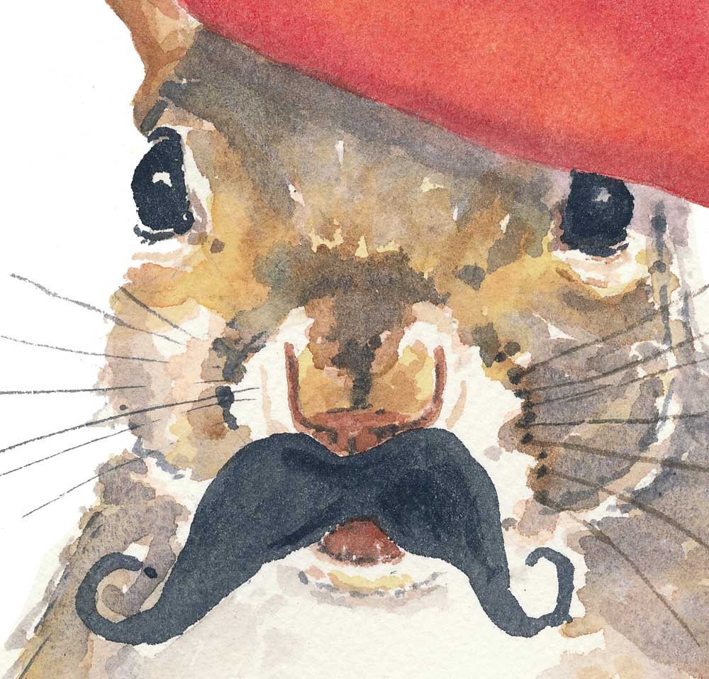 Original Squirrel Watercolor Painting - French, Mustache, Beret, 8x10