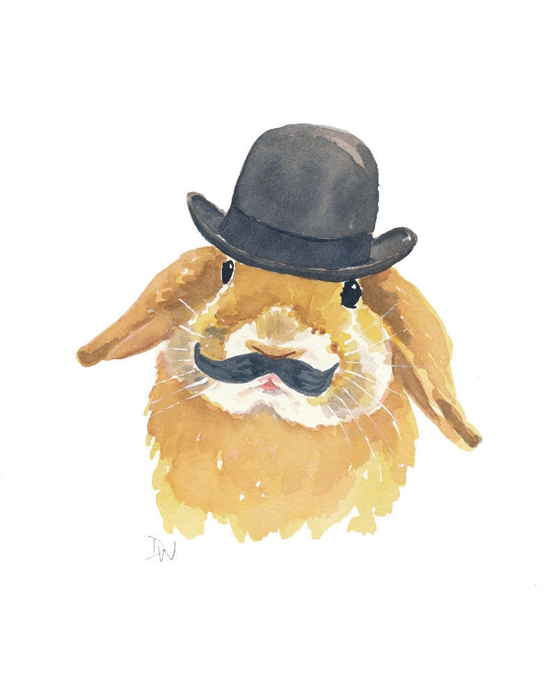 Original Rabbit Watercolor - Bunny Painting, Bowler Hat, Animal Art