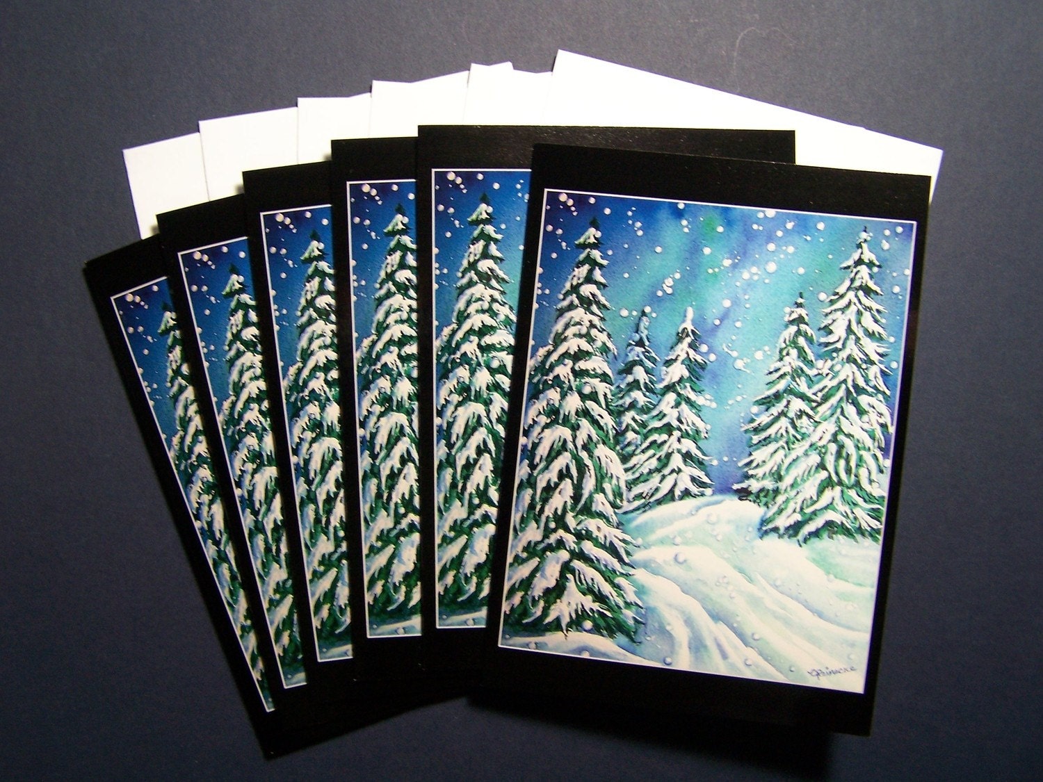 6 pack of Fine Art Christmas Winter Cards blank inside Notecards Art Watercolor Snow Scene Gift