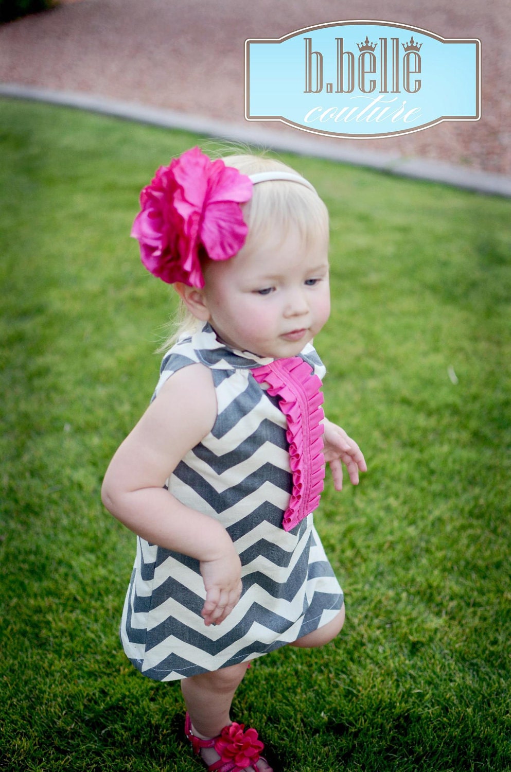 Girls Chevron Halter Dress with Pink Ruffle size 12 months to 4