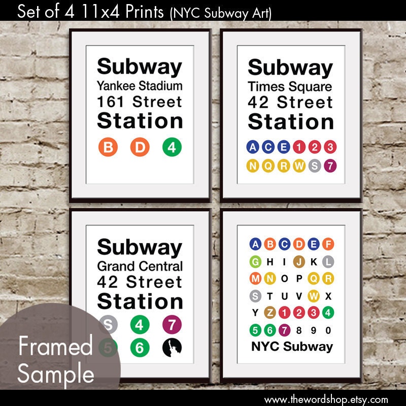 NYC Inspired Subway Art Signs (Set of 4 11x14 Prints) Featured with White Background