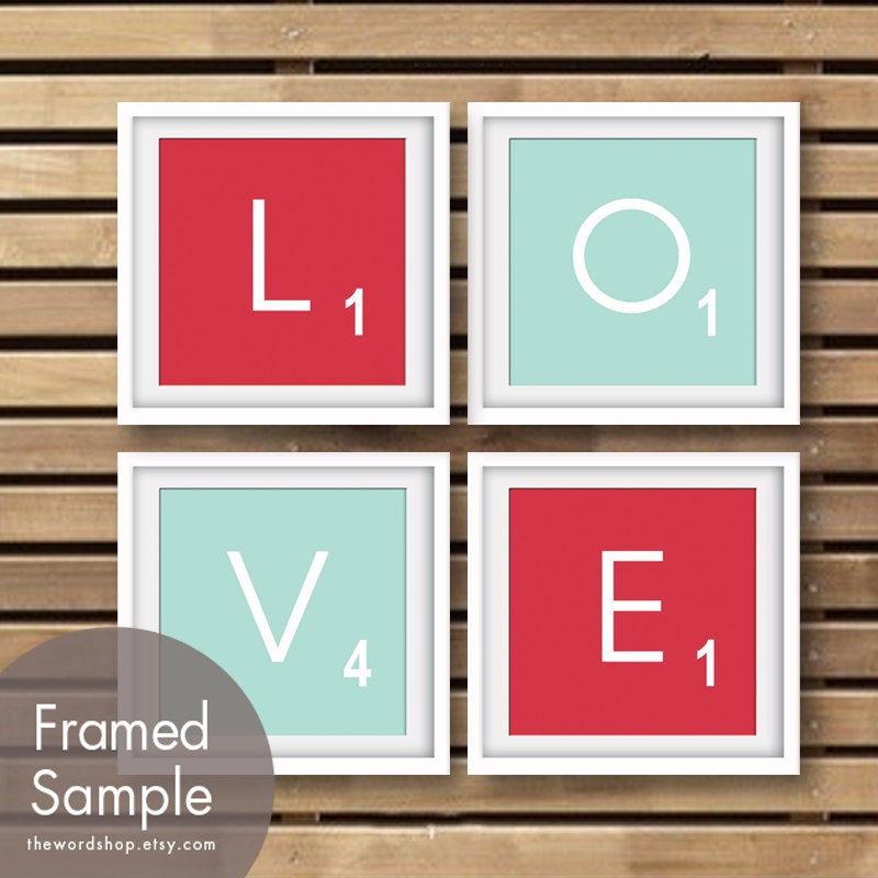 LOVE (Set of 4 - 5x5 Print) (Featured in Cardinal Red and Duck Egg) Modern Gameboard