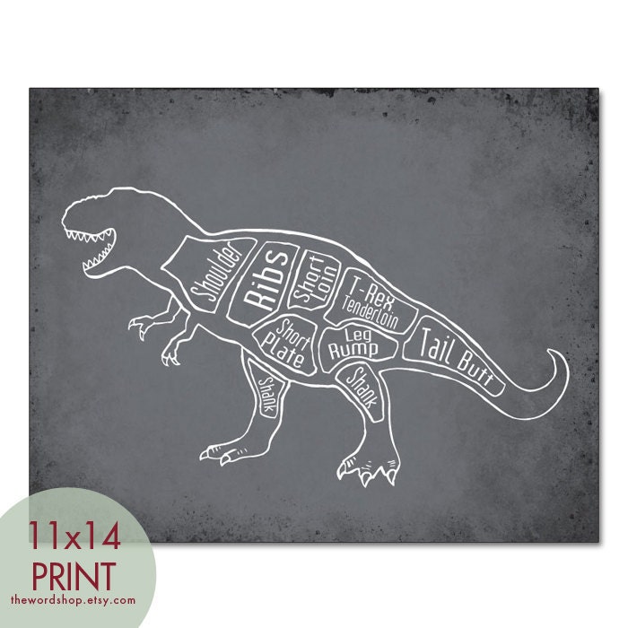 Tyrannosaurus Rex aka T-Rex, Dinosaur Butcher Diagram Series-11x14 Print (Featured in Charcoal) Customizable Colors (Buy 3 and get One Free)