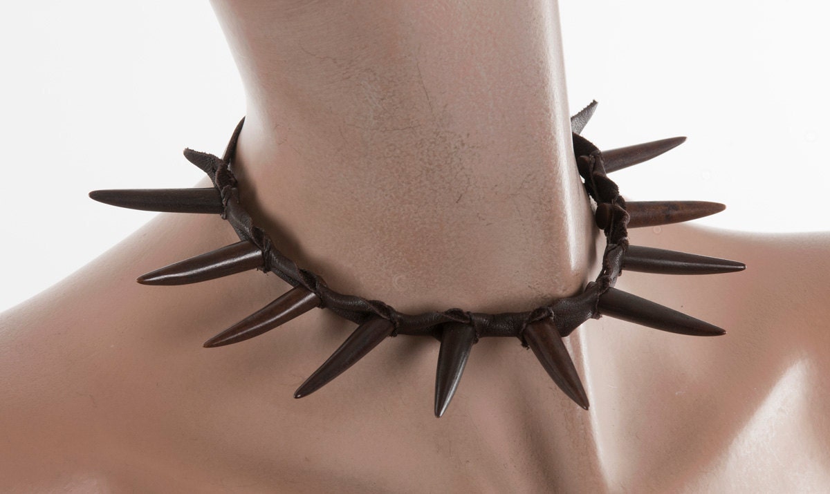 Dark brown leather bone talons spiked collar choker necklace