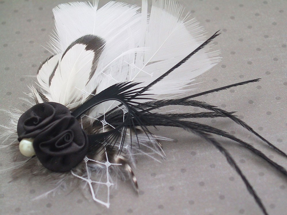 Wedding Hair Accessory, Bridal Fascinator Head Piece, Feather hair clips, bridesmaids, black, white - BLACK & WHITE BLOOM