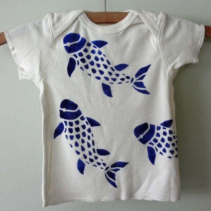 children and baby organic tshirt or onesie, indigo koi fish, hand painted