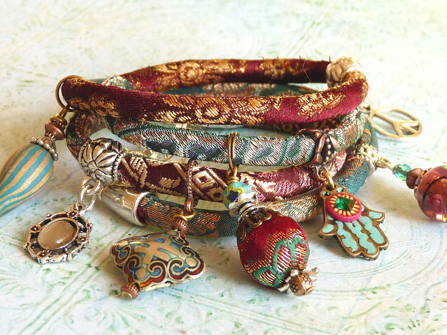 Red wine brocade wrap bracelet