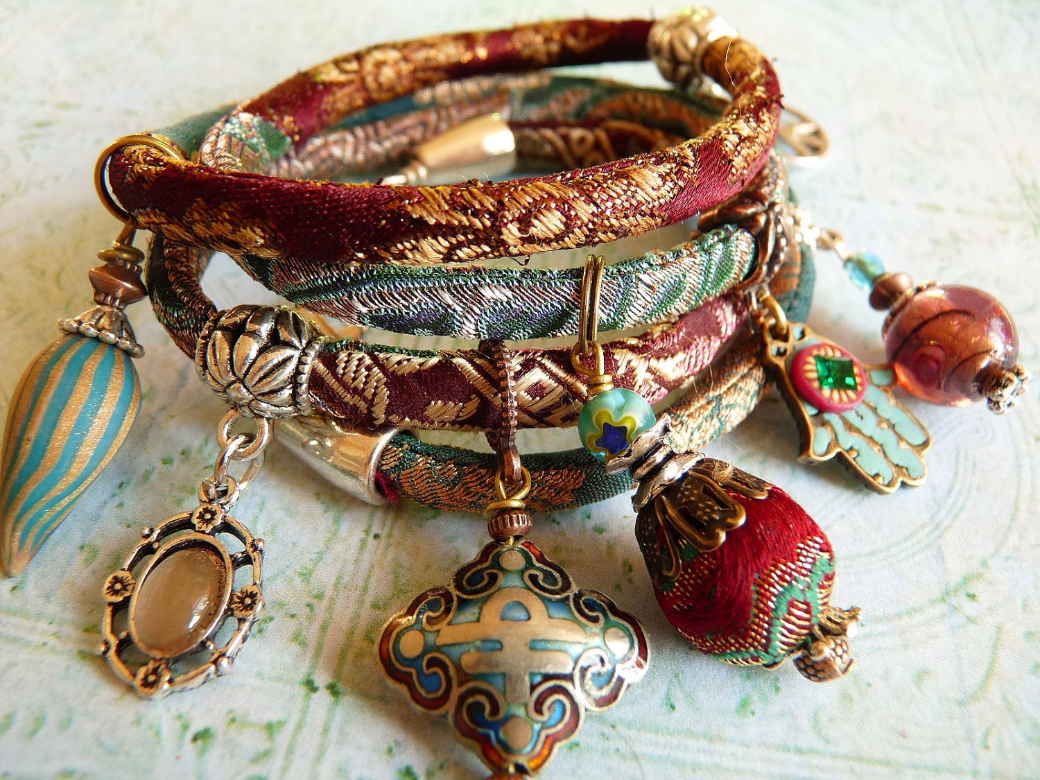 Red wine brocade wrap bracelet