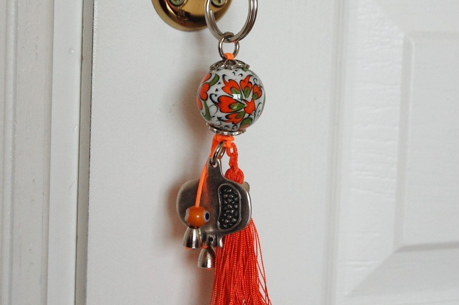 Pomegranete Key Chain Handmade Evil Eye and Turkish Ceramic Silver Plated
