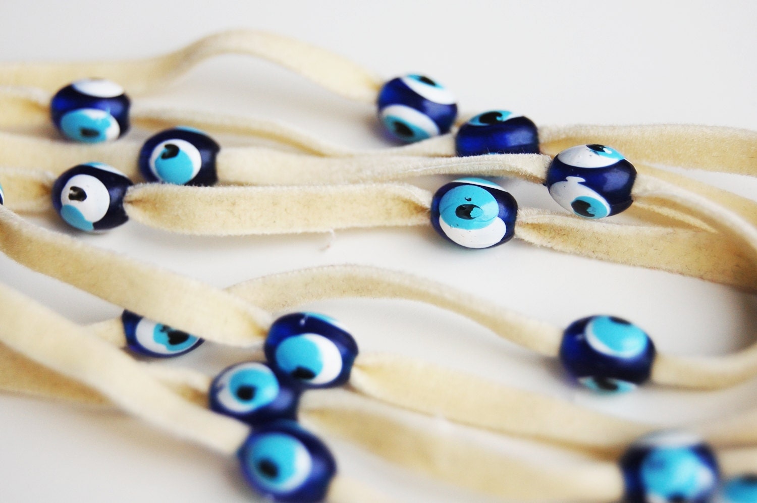 Evil Eye Beads on Velvet Cord Handmade Wrapped Bracelet