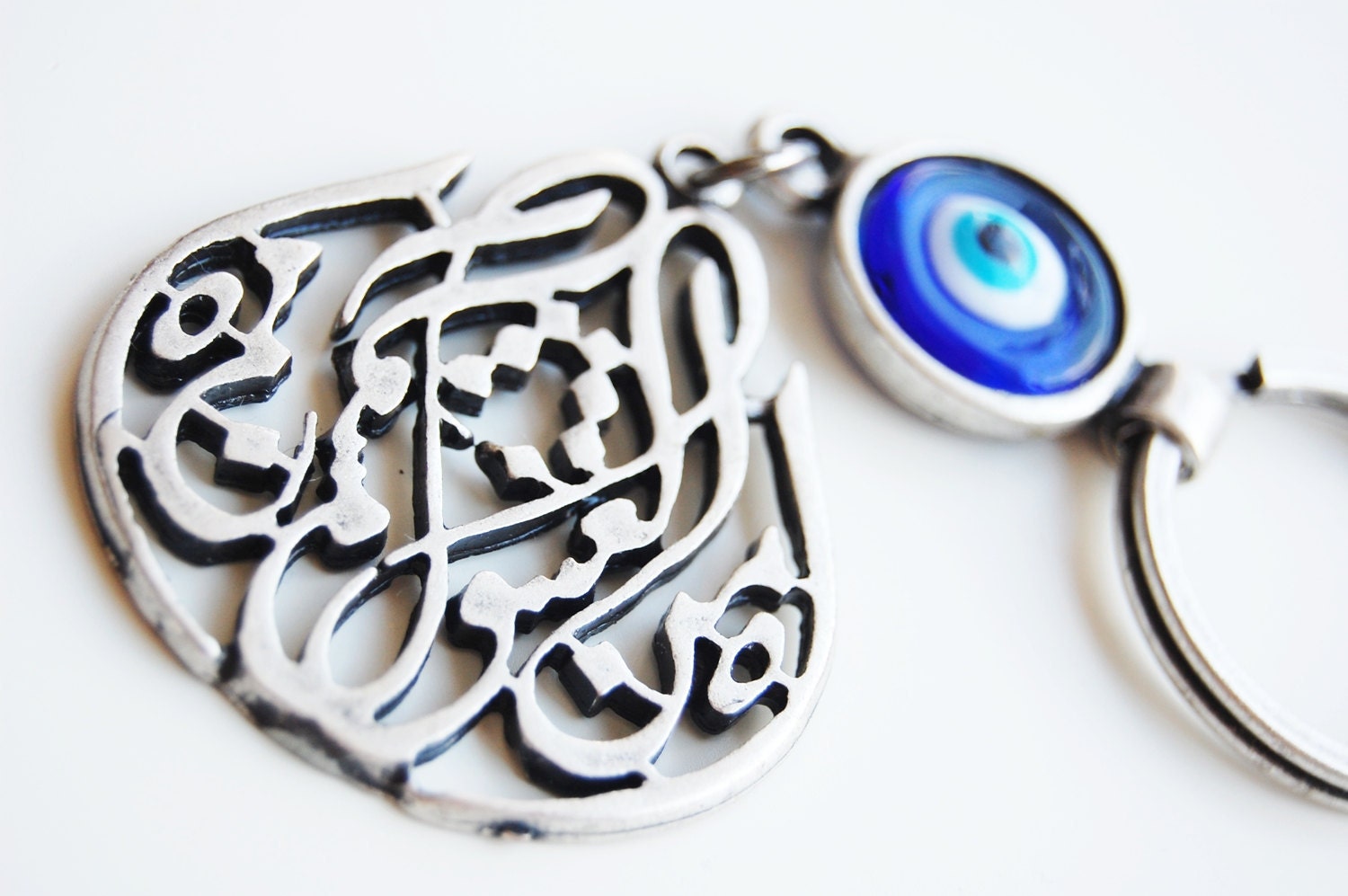 Mevlana Tulip Calligraphy Key Chain Handmade Evil Eye Silver Plated
