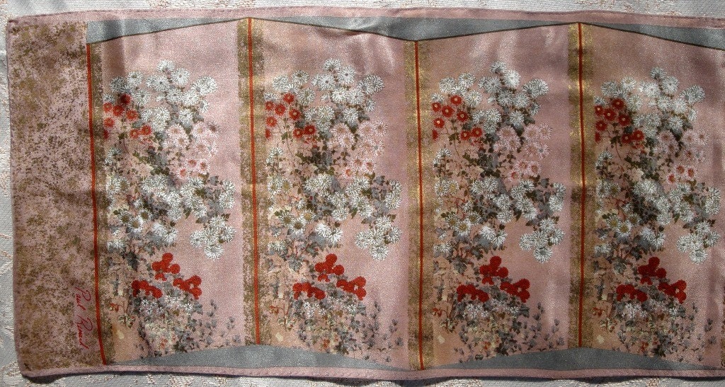 Vintage Pure Silk Sash Scarf  Golden Copper, Gray, White Floral Detail - 45" x 10"