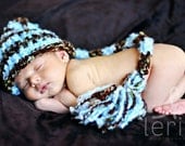 Baby knitted elf hat brown blue stripes 0 to 3 months