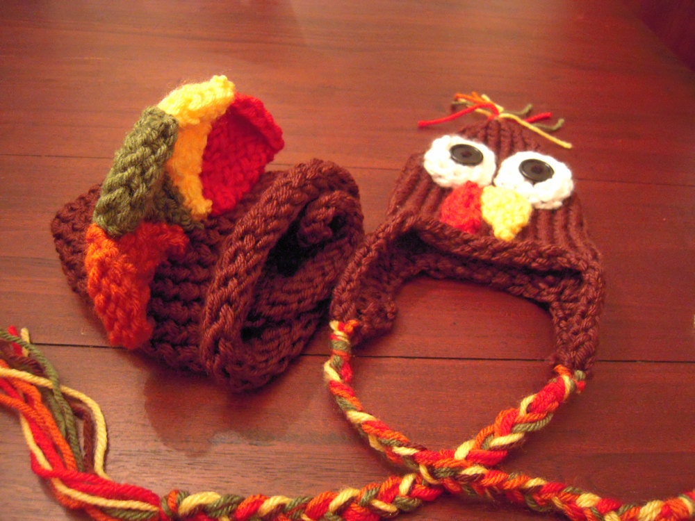 Baby knit hat and diaper cover set Thanksgiving turkey 3 to 6 months boy girl