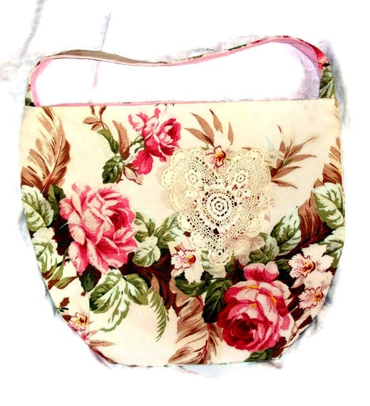 Large Hobo Bucket Bag Pink Roses Barkcloth
