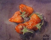 Allotment strawberries-size 5.5 in x 6 in 14cm x 15cm watercolour on heavy weight rag paper