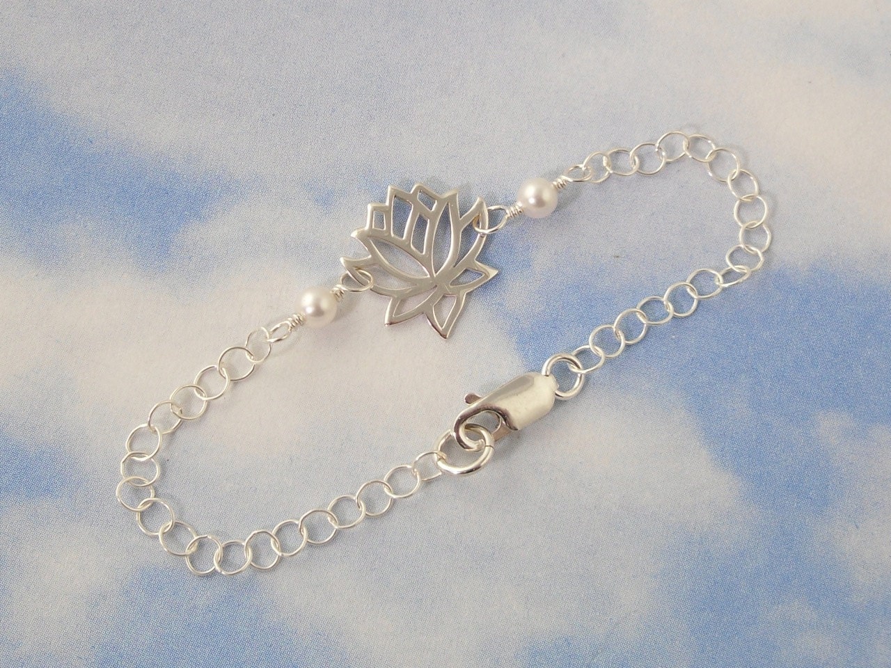 Women's Plus Size Zen lotus and pearl sterling silver delicate charm bracelet - Pearl or Crystal color of your choice - free USA shipping