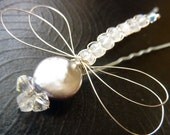 Platinum Biwa Pearl and Moonstone Dragonfly Hair Pin -  Dragonfly Jewelry -Tagt