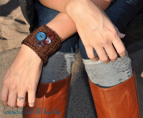 Crocheted Cuff, Crocheted Bracelet, Handmade Gift, OOAK, Custom made, Bojo Chic, Natural, Woodsy, Vintage buttons